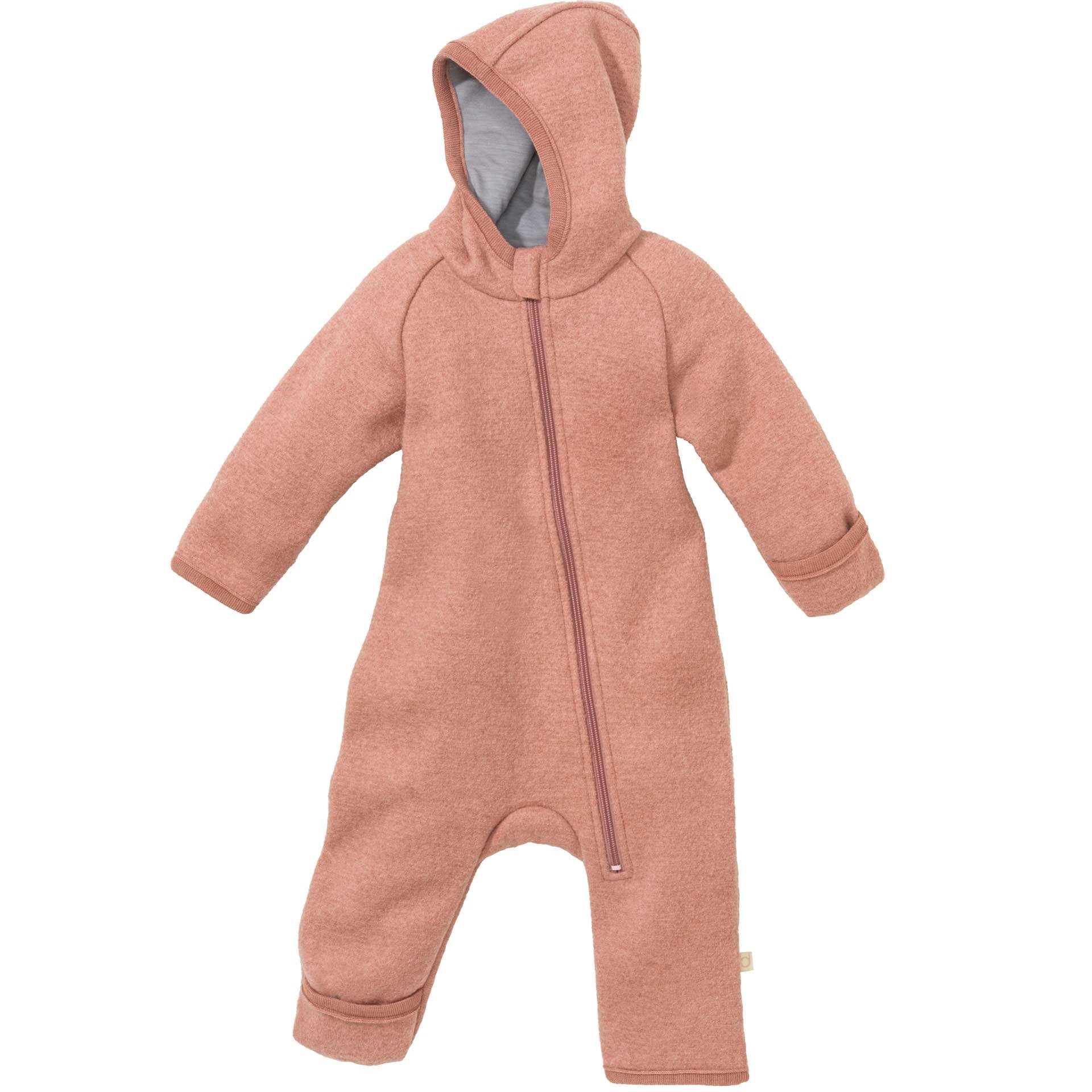 Disana Zipp Overall aus Bio-Merino-Schurwolle in Rosa – warmer Baby-Overall mit Kapuze und Reißverschluss, kuscheliger Wollanzug für Babys und Kleinkinder, nachhaltige Kinderkleidung von Disana.