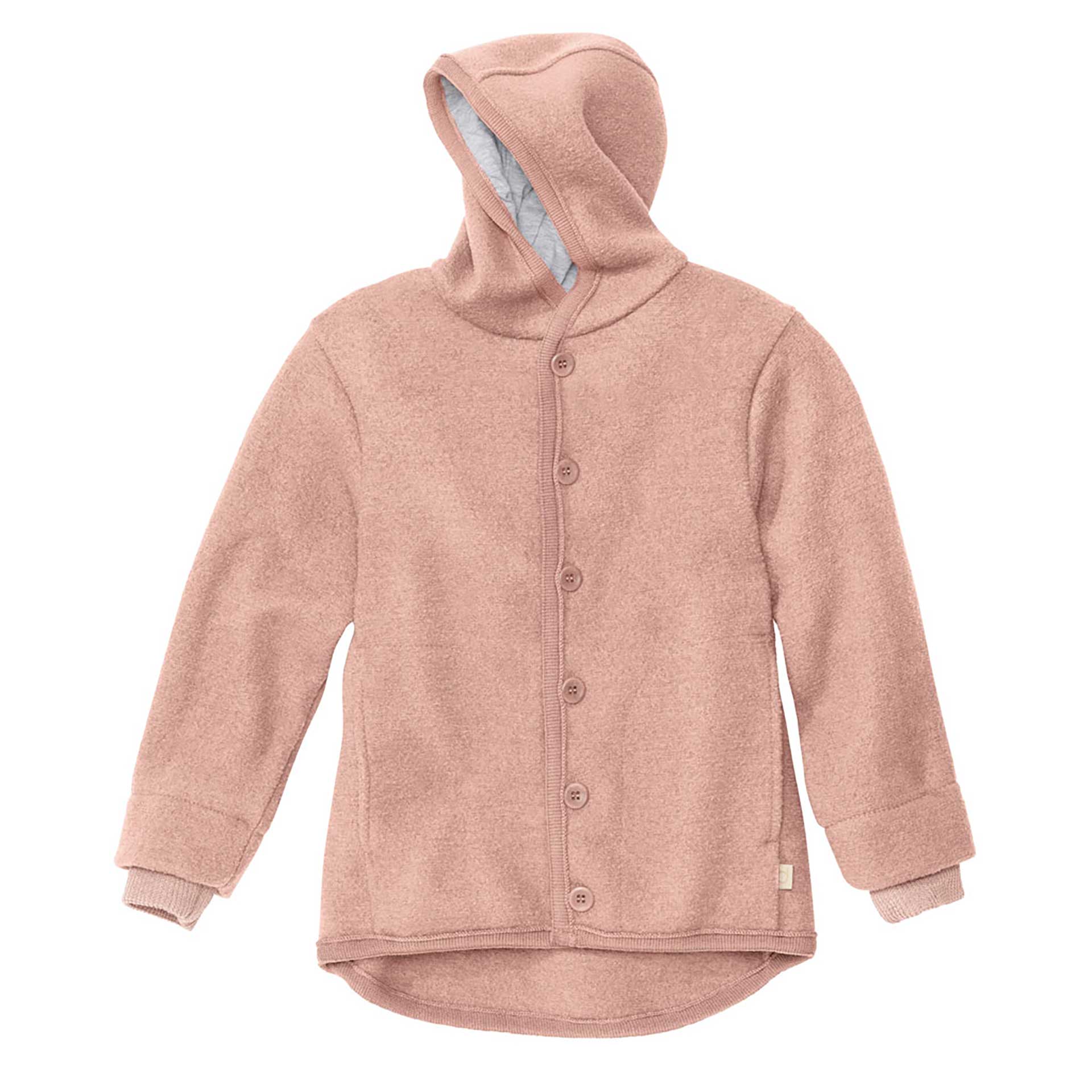 Disana Walkjacke in Soft Pink – warme Kinderjacke mit Kapuze aus 100 % Bio-Merino-Schurwolle, atmungsaktiv, temperaturausgleichend und perfekt für Herbst und Winter.