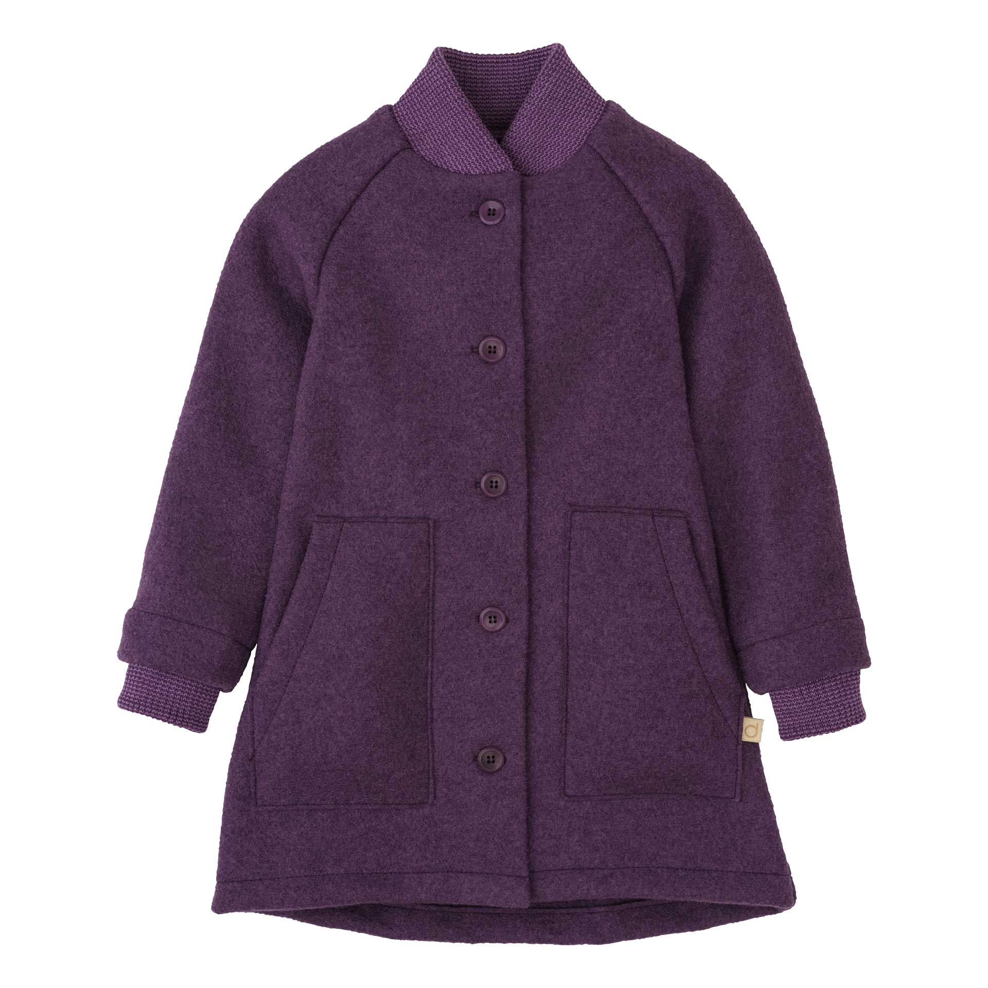 Disana Walkmantel aus 100 % Bio-Merino-Schurwolle in Aubergine – warmer Kinder-Wollmantel mit Knopfleiste, Taschen und weichen Strickbündchen. Nachhaltige, atmungsaktive Outdoor-Kleidung für Kinder – perfekt für Herbst und Winter.
