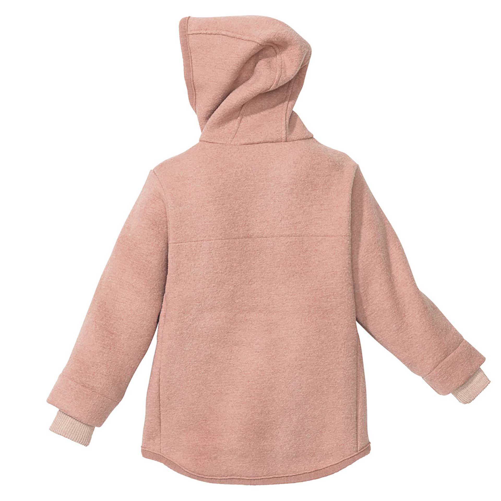 Disana Walkjacke von hinten in Soft Pink – warme Kinderjacke mit Kapuze aus 100 % Bio-Merino-Schurwolle, atmungsaktiv, temperaturausgleichend und perfekt für Herbst und Winter.