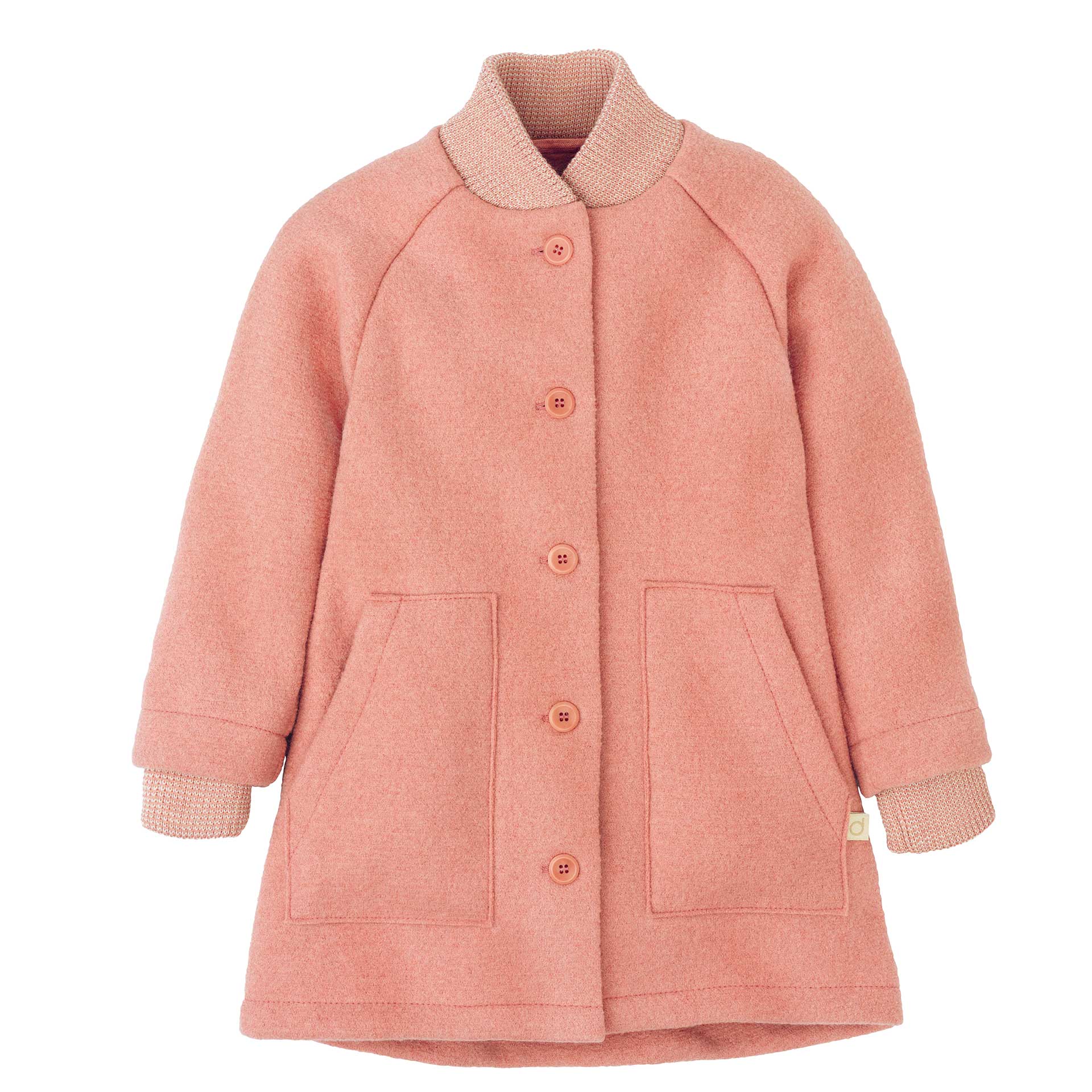 Disana Walkmantel aus 100 % Bio-Merino-Schurwolle in Soft-Pink – warmer Kinder-Wollmantel mit Knopfleiste, Taschen und weichen Strickbündchen. Nachhaltige, atmungsaktive Outdoor-Kleidung für Kinder – perfekt für Herbst und Winter.