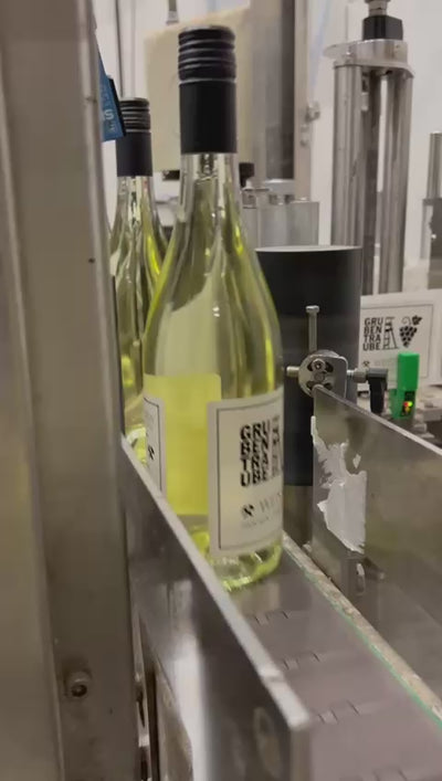 Gruppentraube Weißwein Flasche liegend auf dunklem Stein – trockener, frischer Ruhrpott-Wein mit Etikett „Grubentraube“ und Slogan „Mach hinne bevor et wech is – für den Ruhrpott, ehrlich, geradeaus und ohne Firlefanz“.
